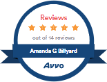 Star rating of five out of five stars for reviews from 14 reviews, featuring the name Amanda G Billiard and the Avvo logo.