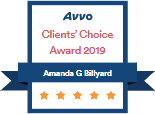 Award ribbon for Avvo Clients' Choice Award 2019, with the name Amanda G Billyard and five stars.