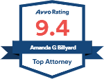 Avvo Rating badge showing 9.4 for Amanda G Billyard, Top Attorney.
