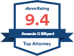 Avvo Rating badge displaying a score of 9.4, with the text 'Amanda G Billyard' and 'Top Attorney'