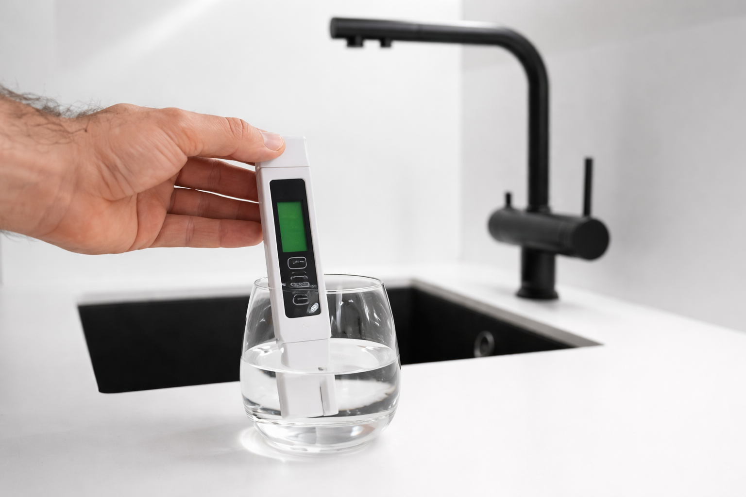 A hand holding a digital pH tester in a glass of water near a modern black kitchen sink and faucet.