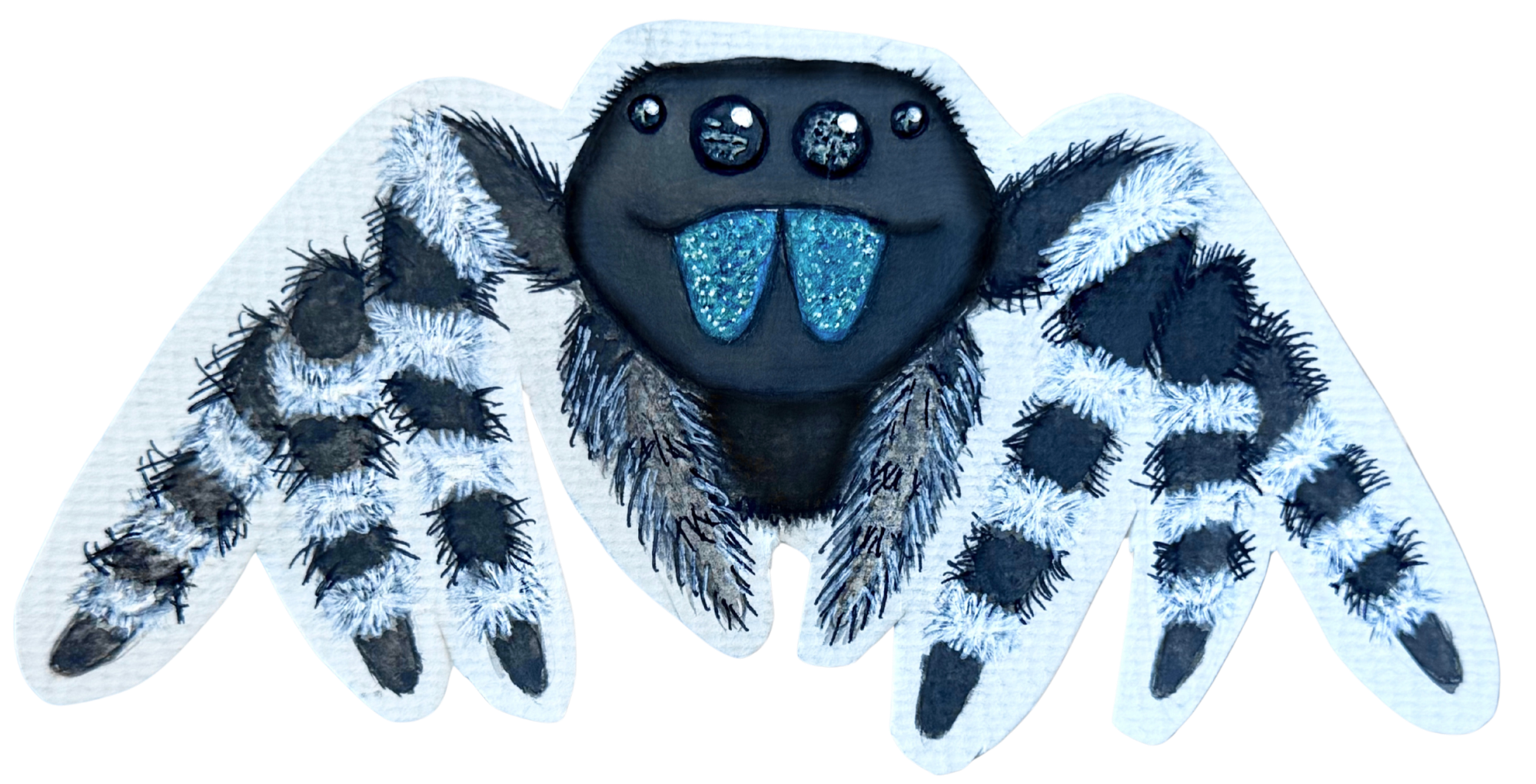 A hand-made spider craft with a round black face, big eyes, blue glitter tongue, fuzzy black and white body, and eight black and white legs.