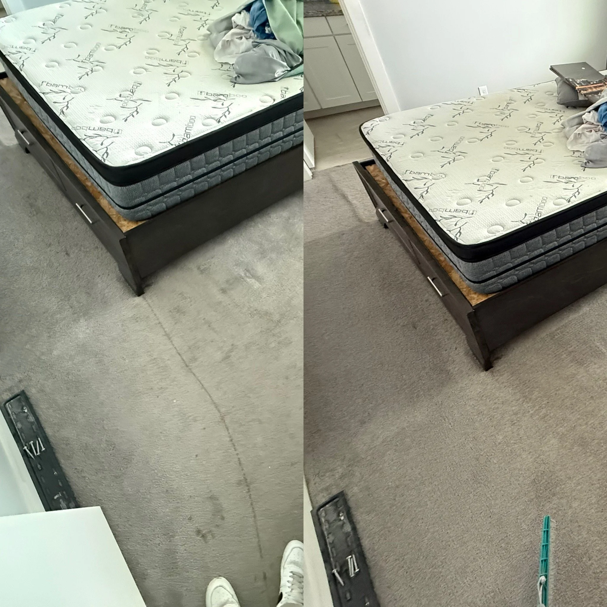 Side-by-side comparison of a bed with a mattress on a box spring and a fitted sheet, shown before and after cleaning. The before image shows a stained carpet, while the after image shows a cleaned carpet with no stains. The room has a white wall, cabinets, and a nightstand with some items, including magazines.