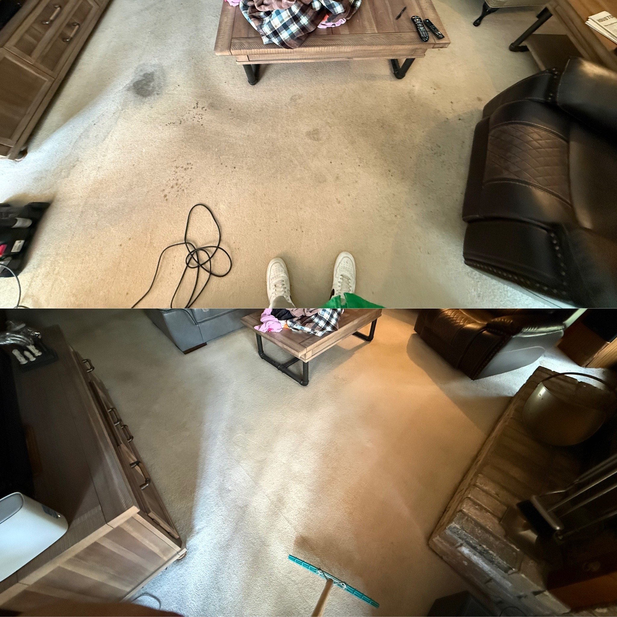 Before and after shots of a living room carpet cleaning, showing a stained carpet in the top image and a clean carpet in the bottom image.