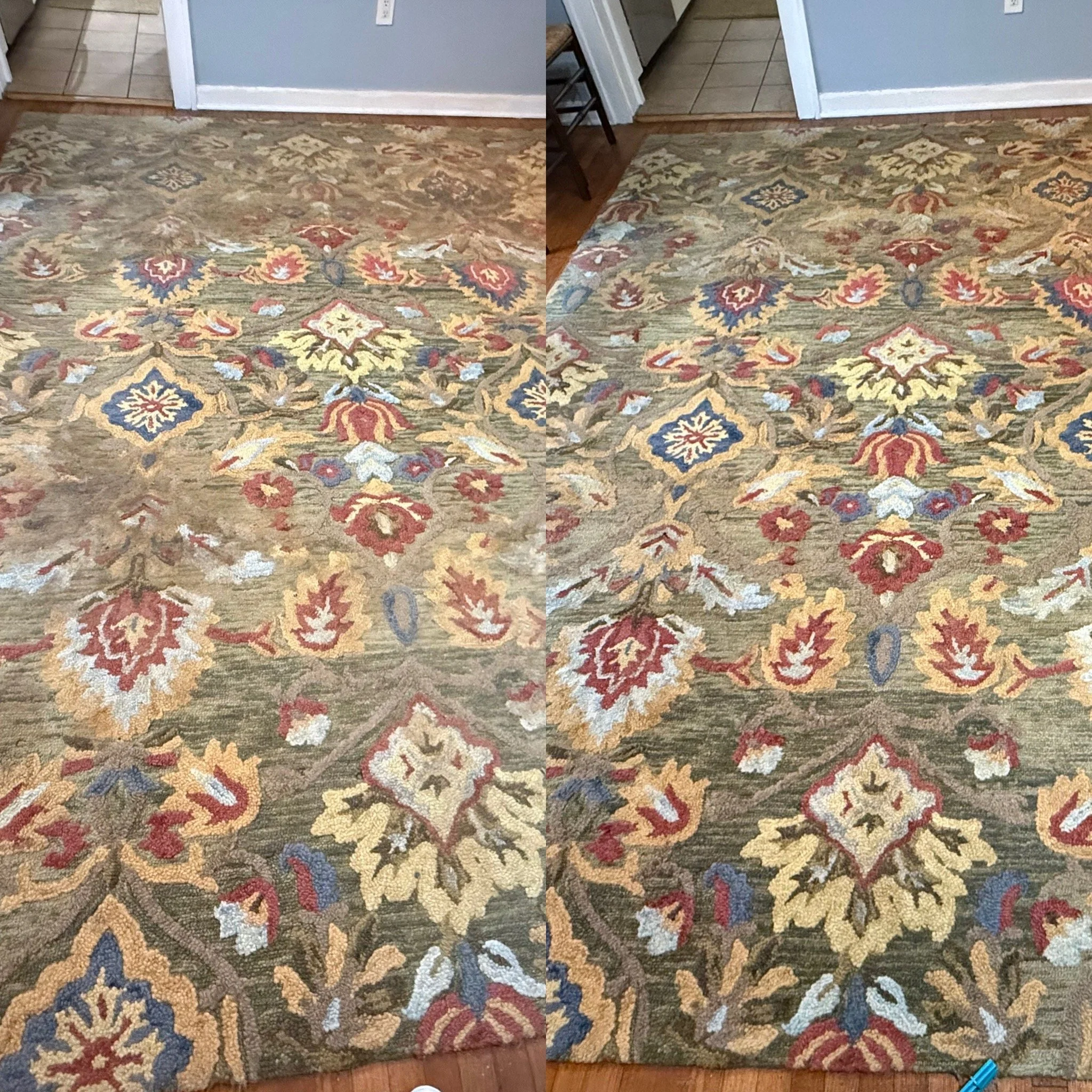 Comparison of a patterned area rug before and after cleaning, showing cleaner and brighter colors.