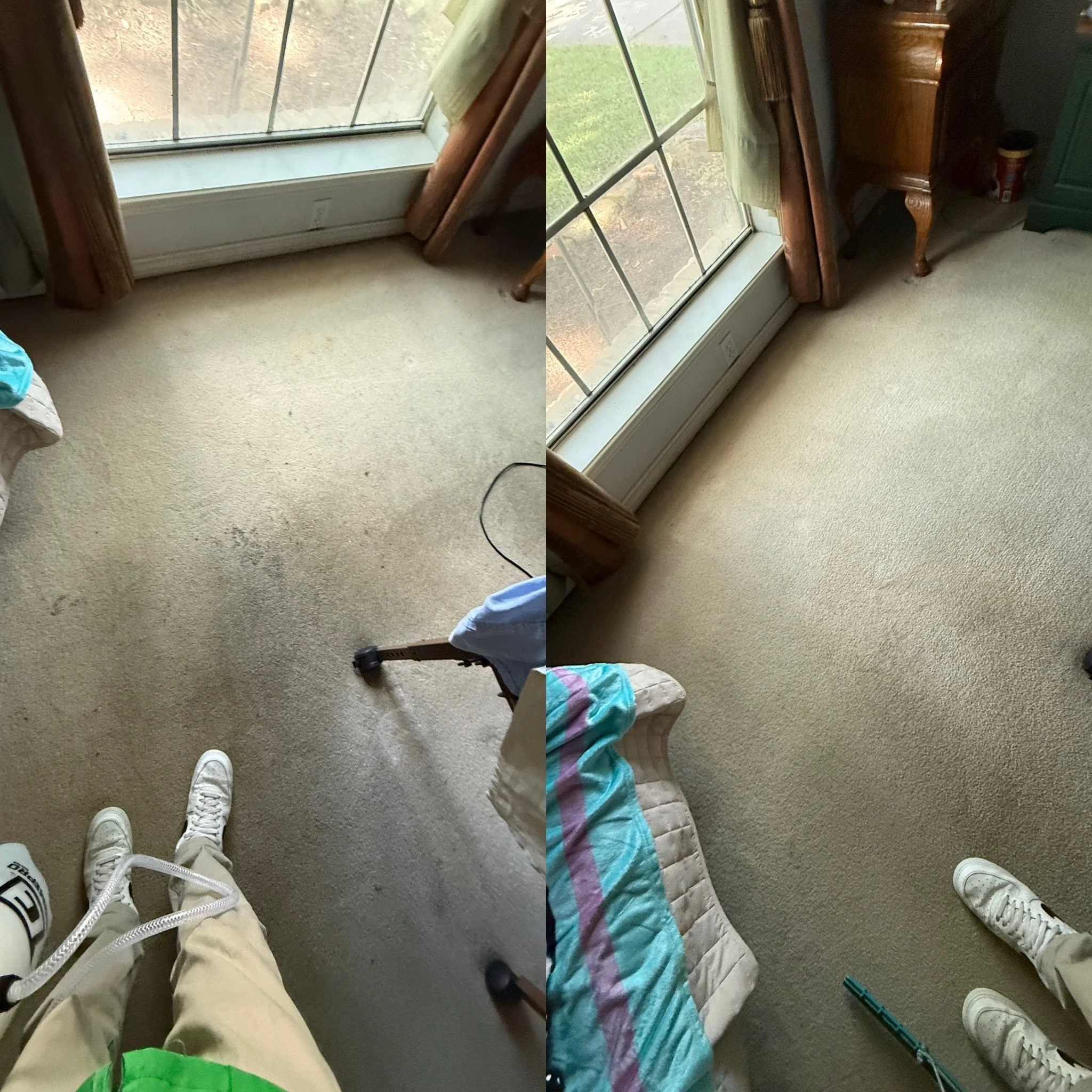 Comparison of two images showing a carpeted room before and after cleaning. The left image shows a dirty, stained carpet, while the right image shows the same carpet looking clean and spotless.