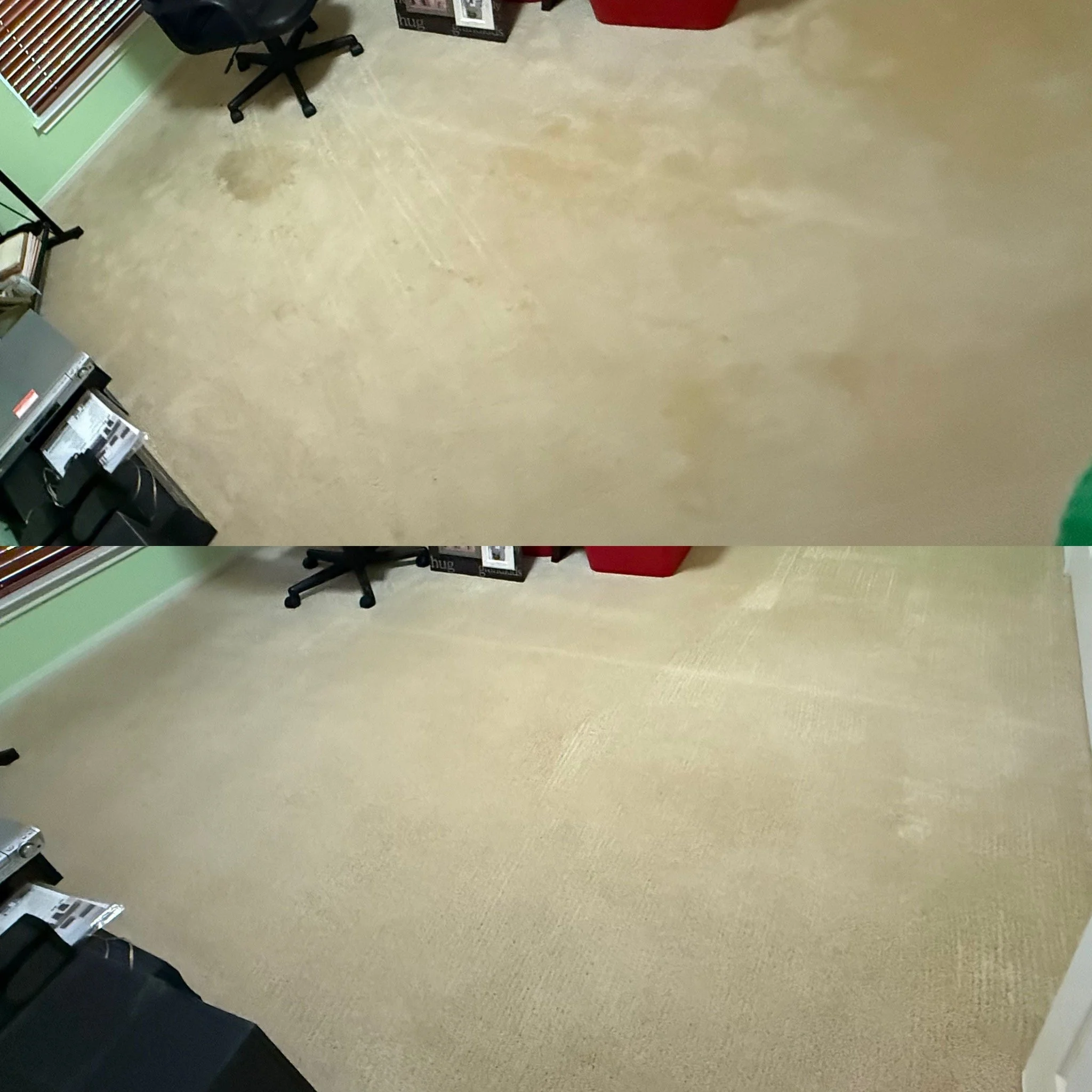 Comparison of a dirty beige carpet in the top image and a clean beige carpet in the bottom image.