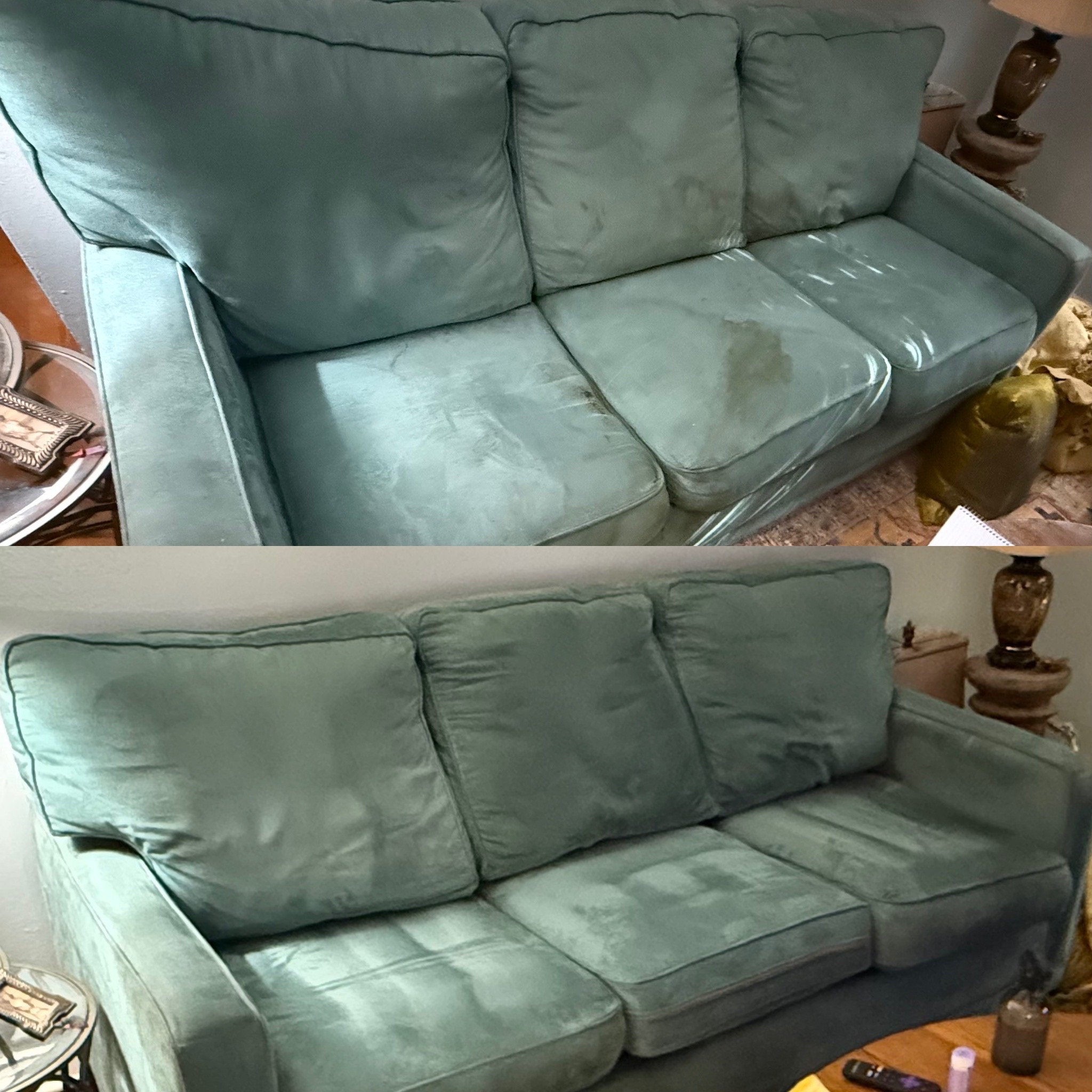 Comparison of a green sofa before and after cleaning; the top image shows the sofa dirty with stains, and the bottom image shows the sofa clean and plush.