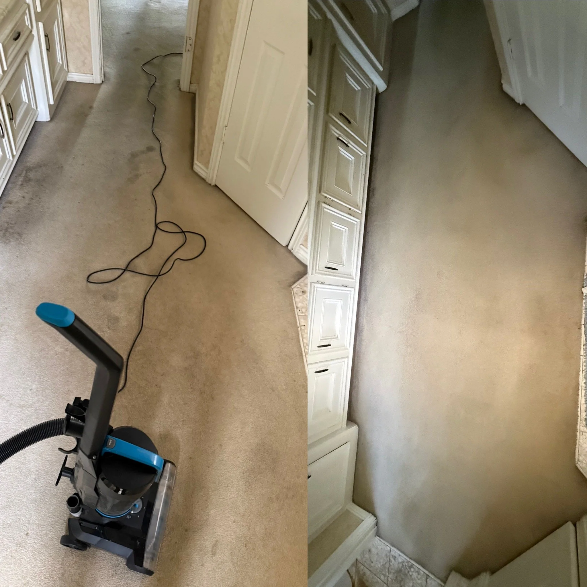 Side-by-side comparison of a carpeted kitchen floor before and after cleaning; the left side shows a dirty, stained carpet with a vacuum cleaner, the right side shows a clean, spotless carpet.