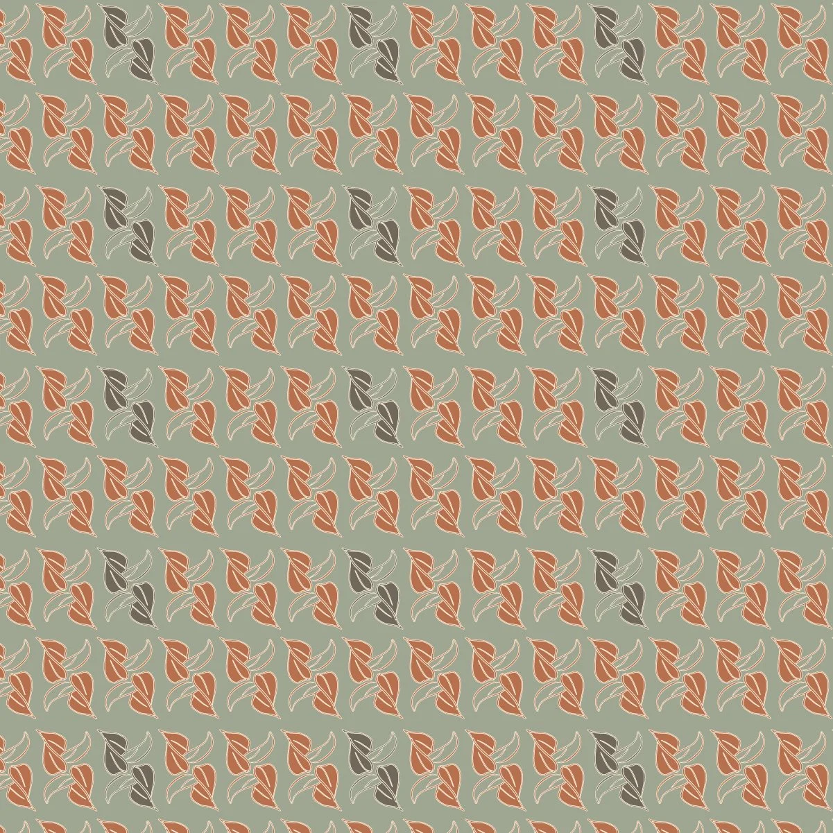Dancing Light geometric leaf surface pattern in eucalyptus green, rust and warm neutral tones.
