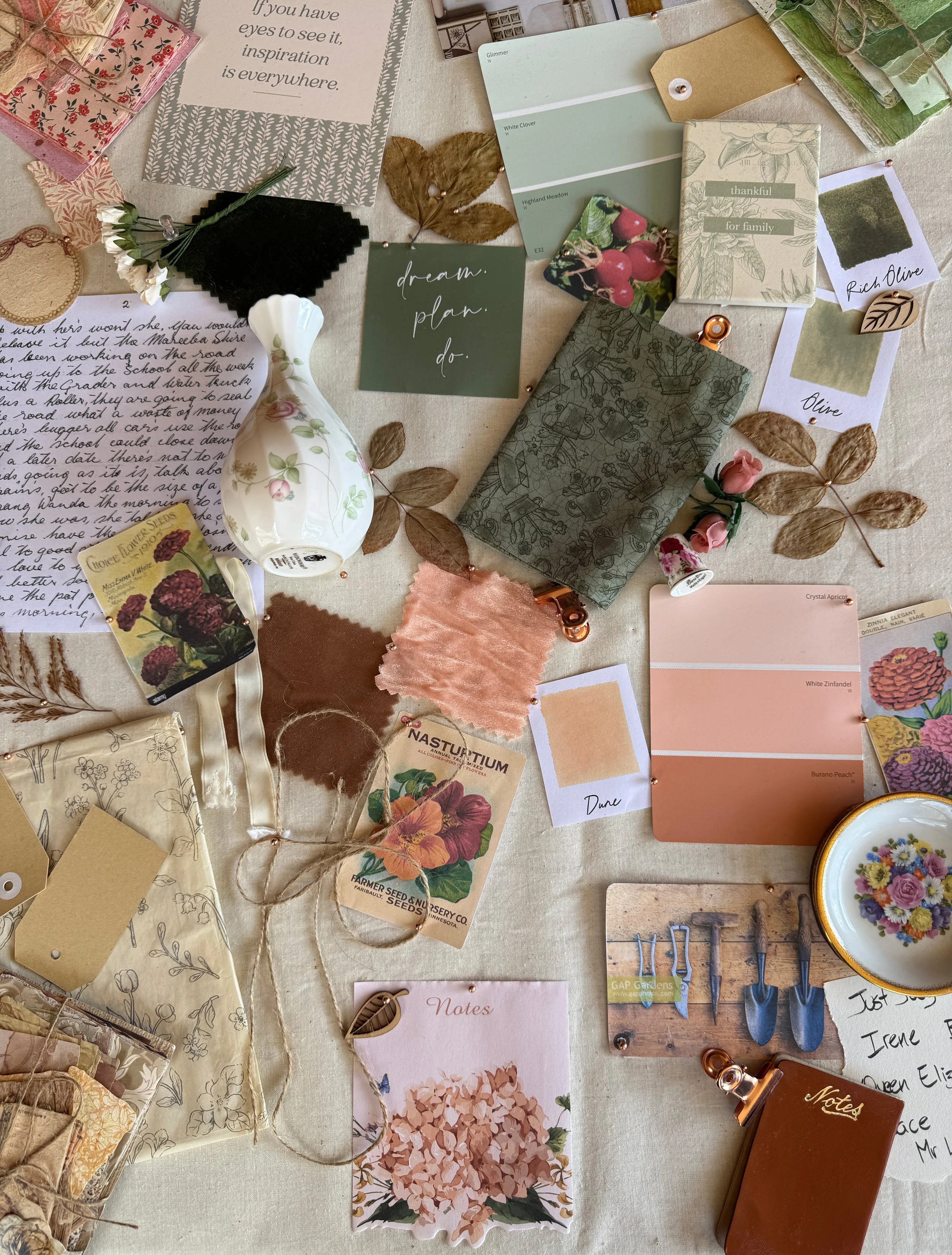 Memories in Bloom collection moodboard featuring botanical references, vintage ephemera, fabric textures and a soft nature-inspired colour palette.