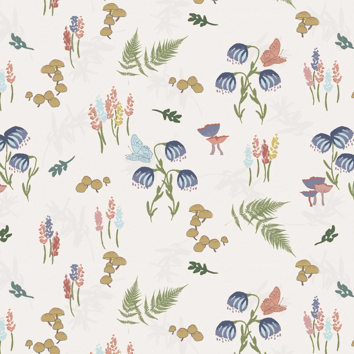 Morning’s Quiet Song botanical surface pattern from the Whispering Wilds collection in the Morning Light colourway.