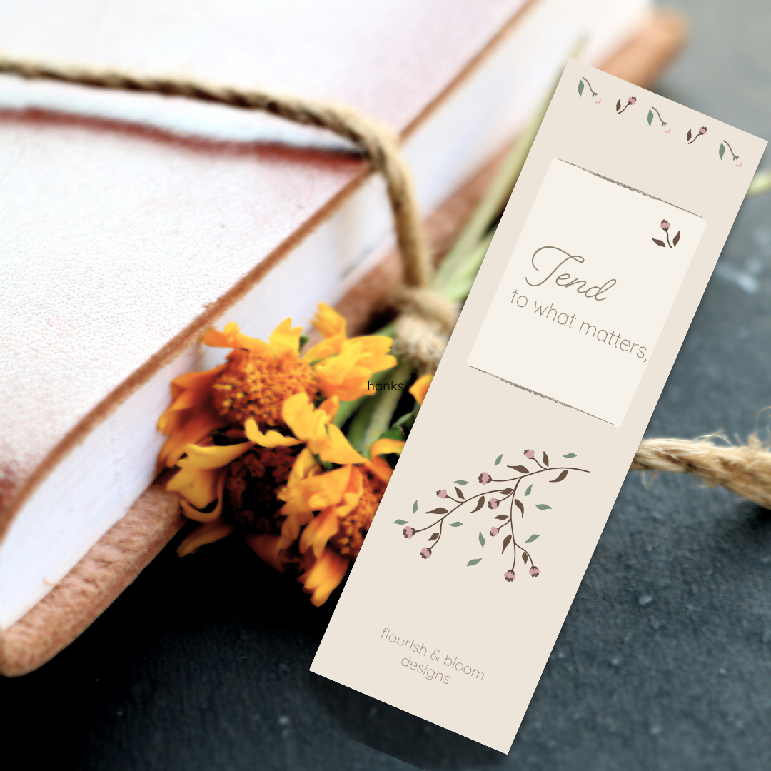 Soft Botanicals printable botanical bookmark styled with books, twine and flowers.