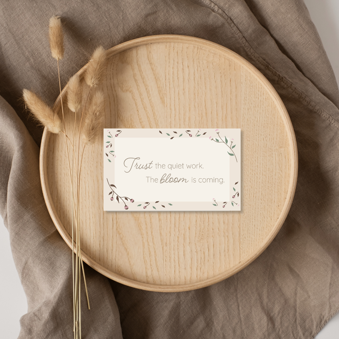 Soft Botanicals botanical printable quote card displayed on a wooden tray with natural linen and dried flowers.