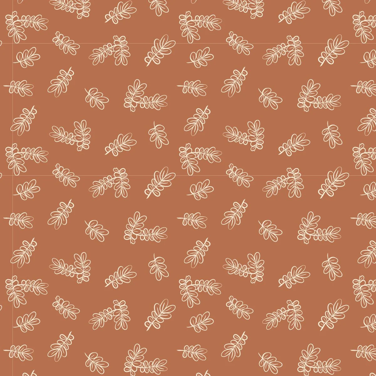 Scattered Trails surface pattern with hand-drawn botanical sprigs across a warm rust background.