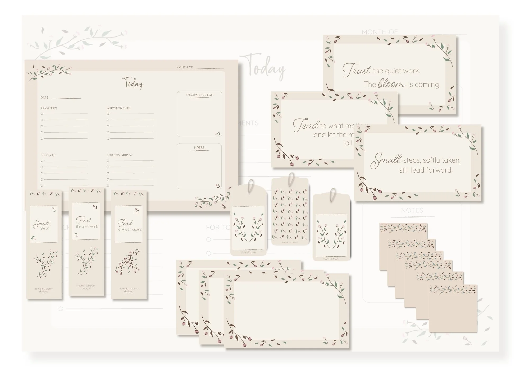 Soft Botanicals printable stationery collection by Flourish & Bloom Designs, including planners, notecards, bookmarks, gift tags and quote cards.