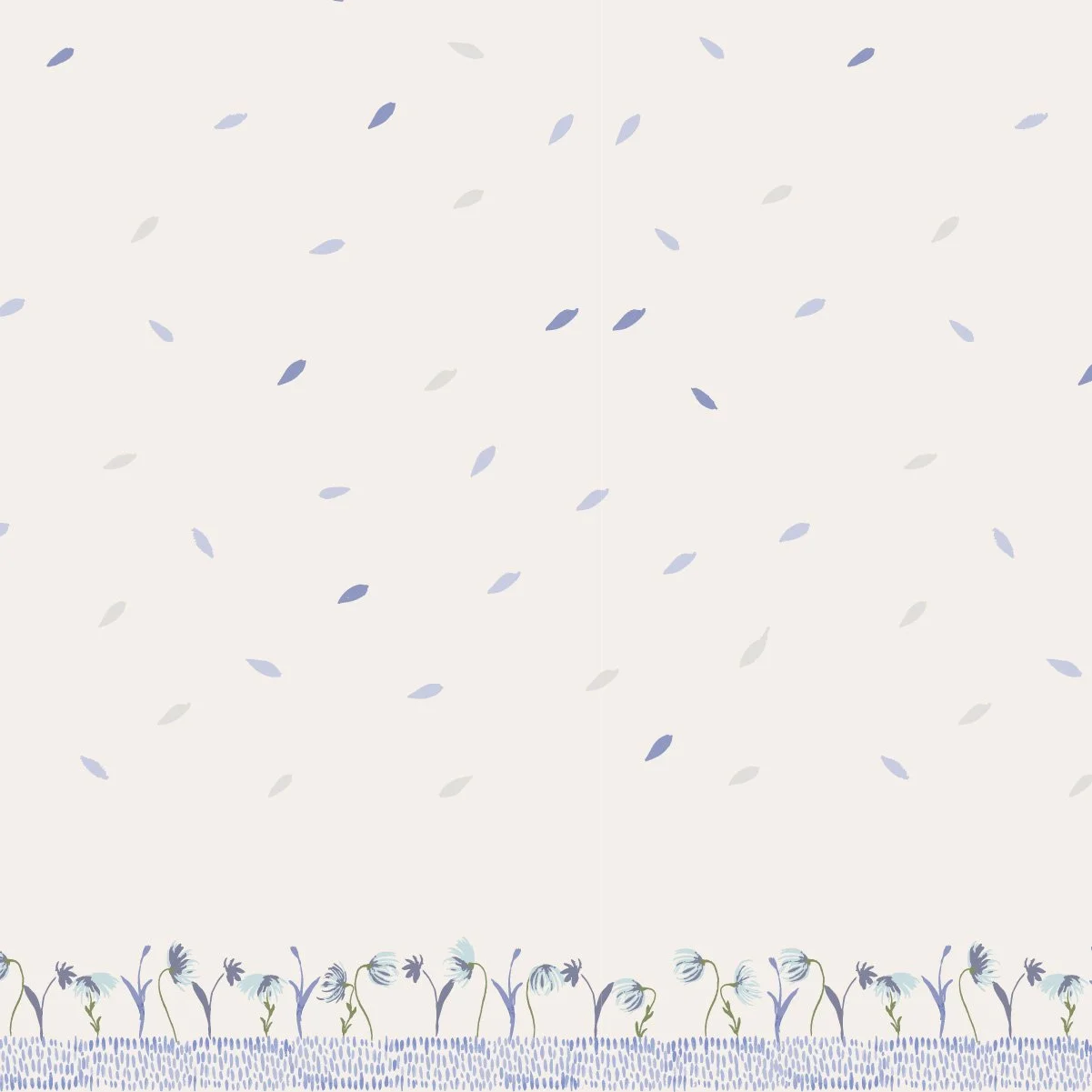 Garden’s Edge floral border surface pattern with delicate blue flowers from the Springtime Stories collection.