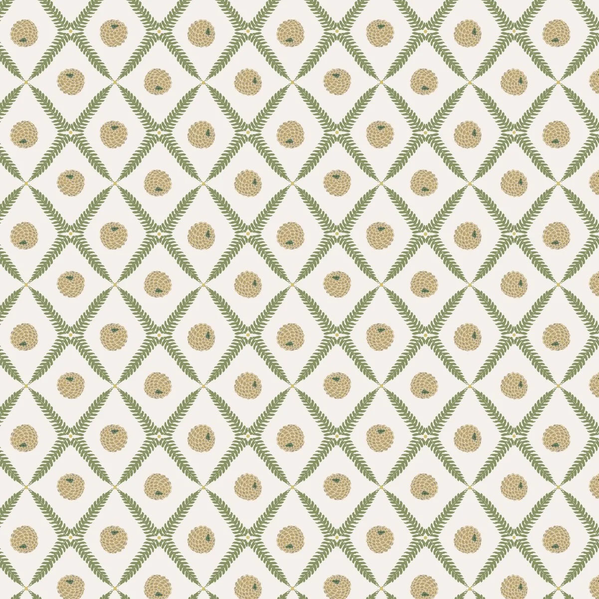 Lattice of Light fern lattice surface pattern from the Whispering Wilds collection in soft green and cream in the Morning Light colourway..