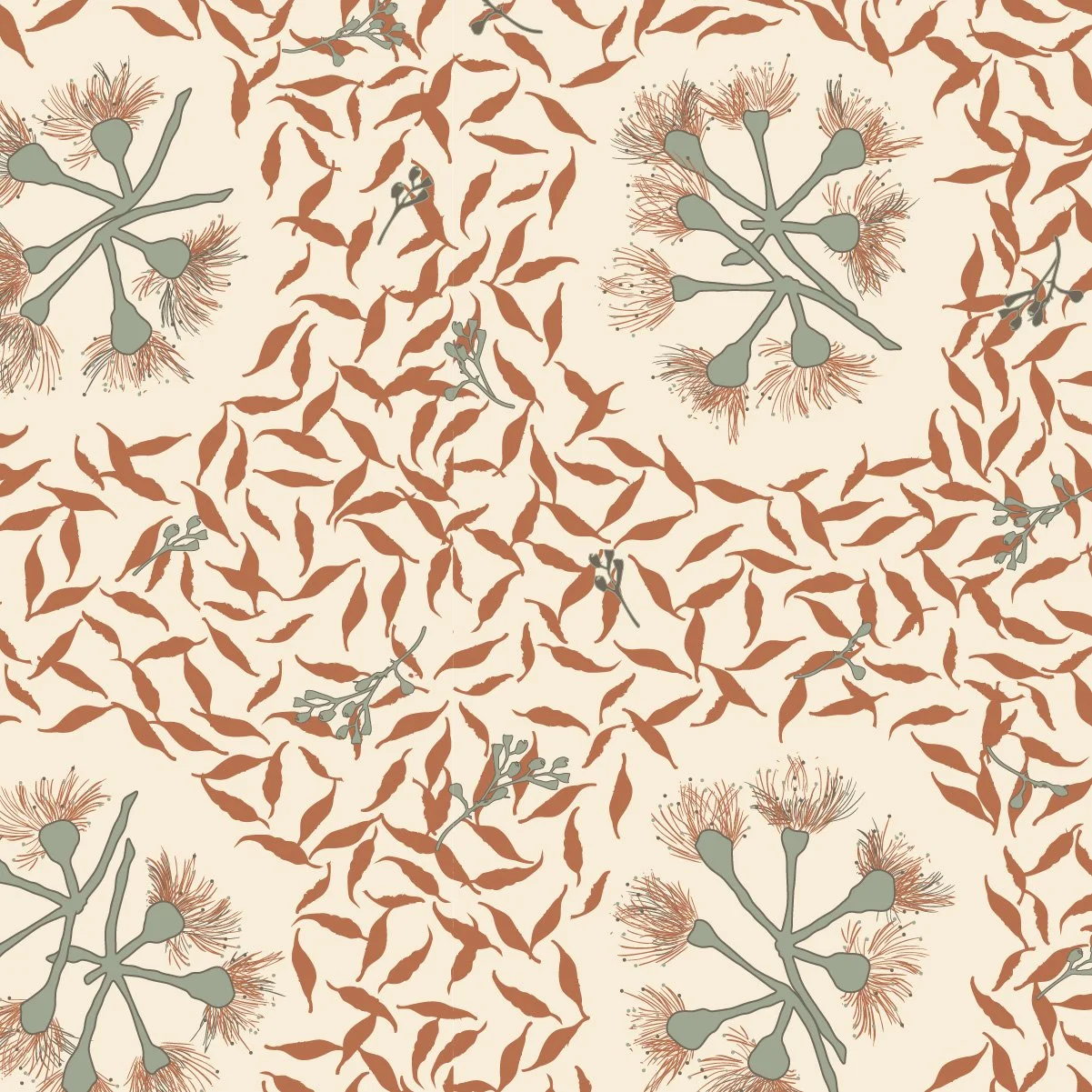 Eucalyptus Whispers botanical surface pattern with gum blossoms and scattered leaves in cream, rust and soft green.