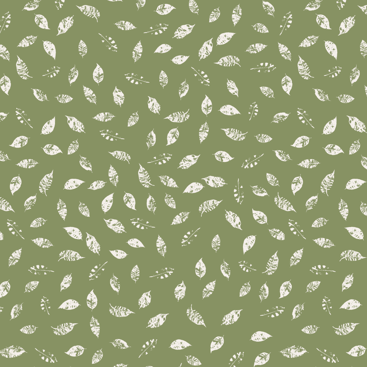 Whispers Among Leaves scattered leaf surface pattern from the Whispering Wilds collection in soft forest green and cream in the Morning Light colourway.