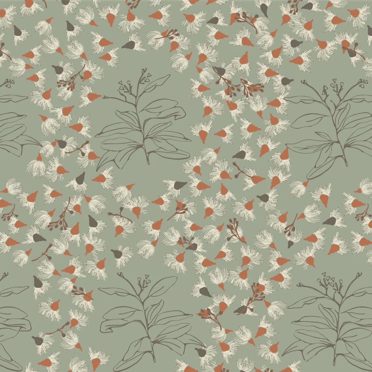 Gum Blossom Canopy surface pattern featuring layered eucalyptus blossoms and line-drawn foliage in soft green and earthy tones.