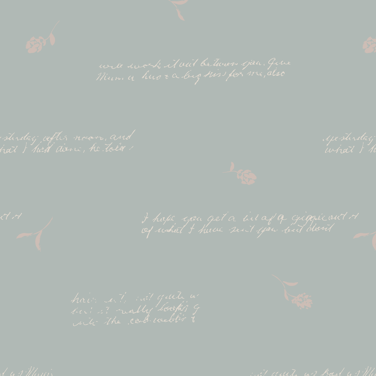 Whispered Scripts surface pattern featuring handwritten botanical notes layered with delicate floral details from the Memories in Bloom Spring collection.
