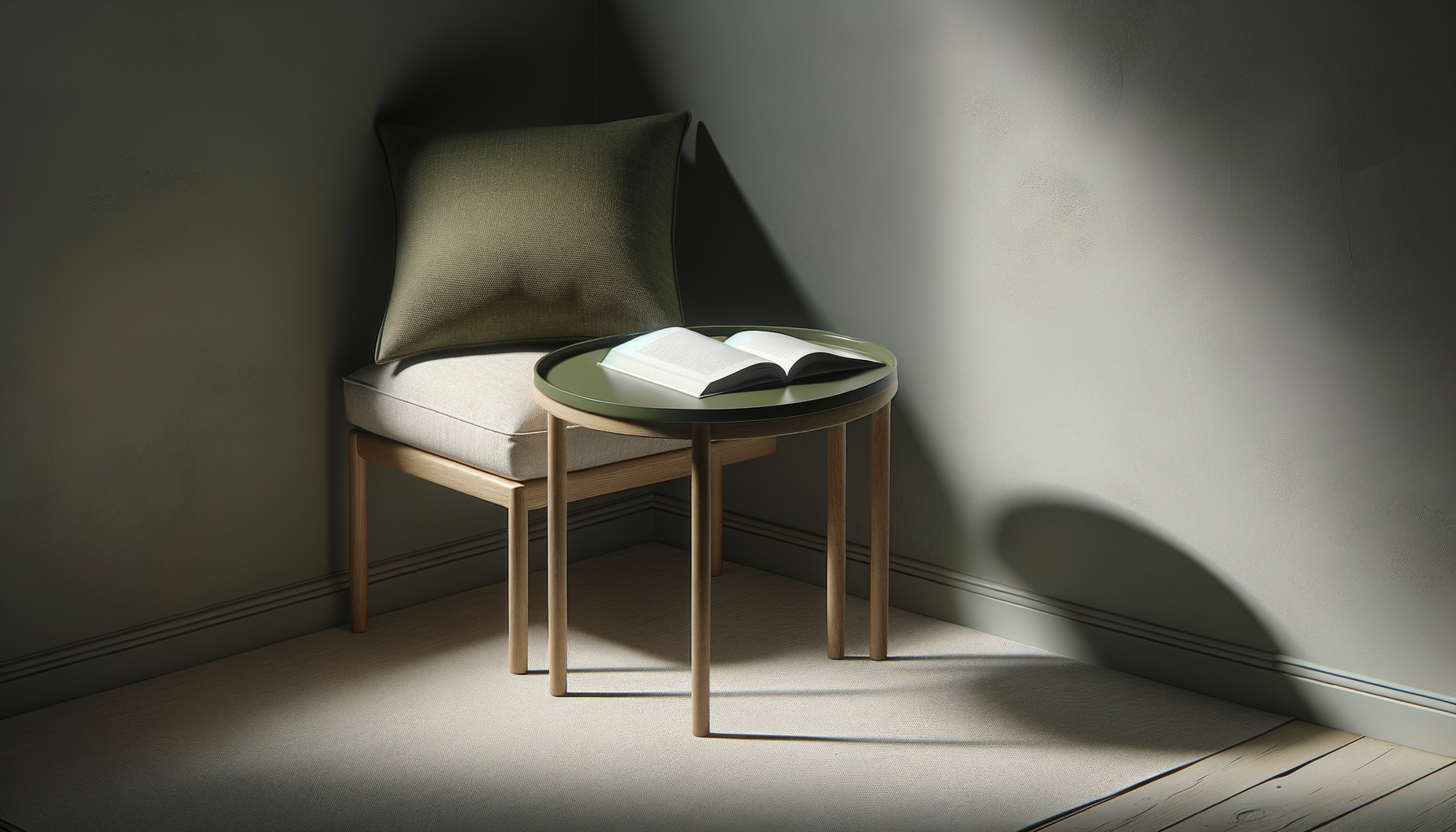 Une chaise en bois avec un coussin beige, une grande olive et un petit coussin vert, à côté d'une petite table ronde avec un livre ouvert dessus, dans une pièce lumineuse avec des ombres projetées sur le mur.