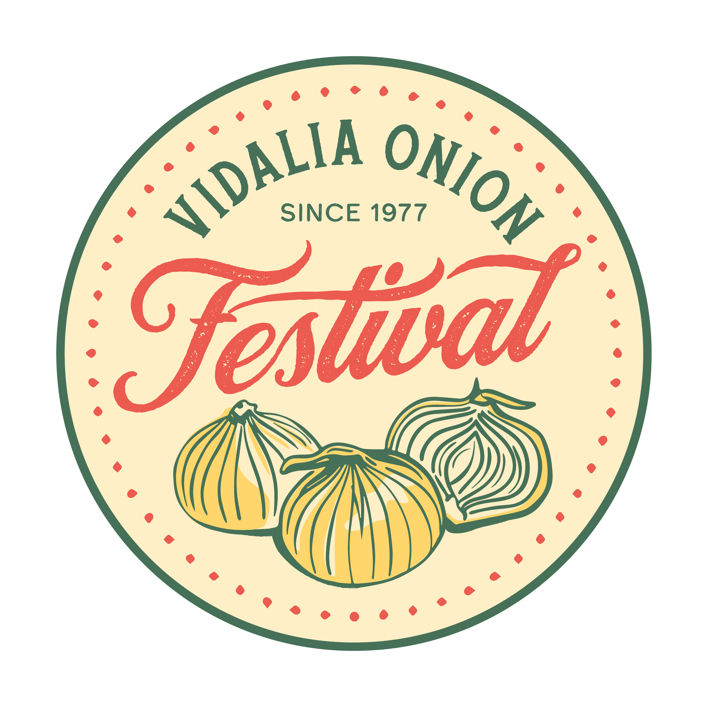 A circular logo for the Vidalia Onion Festival featuring the words 'Since 1977' and illustrations of three onions at the bottom.