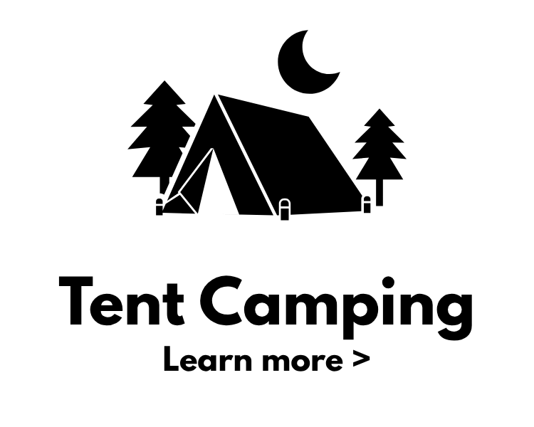 Black and white icon of a tent set up outdoors with two pine trees on either side and a crescent moon above, advertising tent camping with a call to action "Learn more."