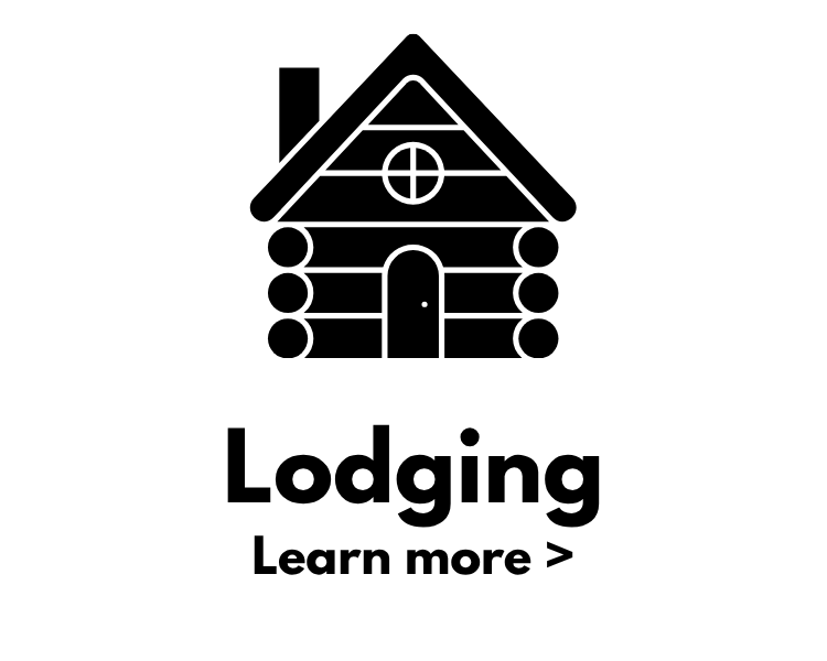Black and white icon of a log cabin with the word "Lodging" and a prompt to "Learn more >" below.