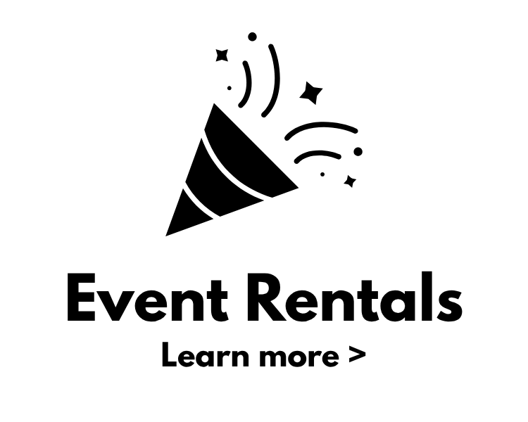 Icon of a party popper with confetti and stars, with the text "Event Rentals" and "Learn more >" below.
