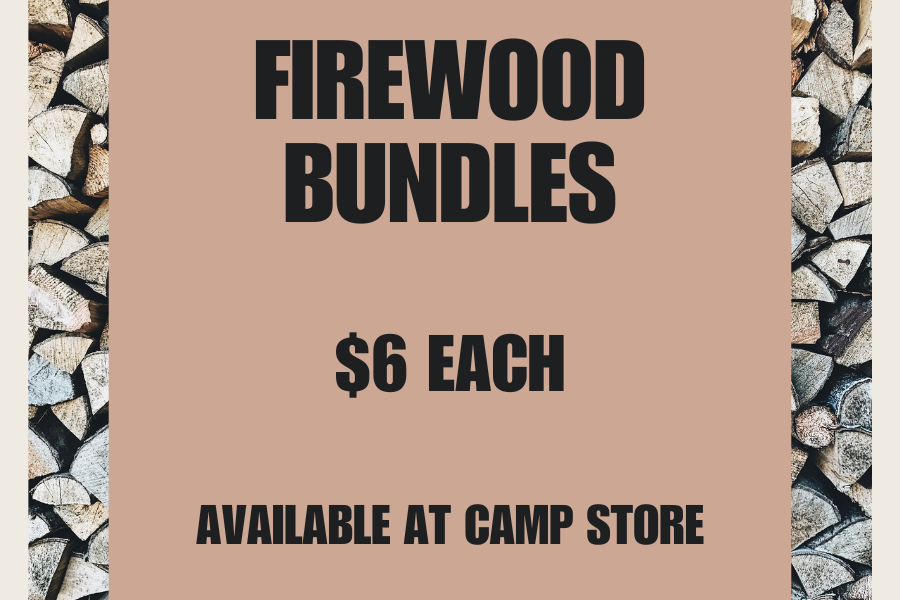 Firewood for sale at camp store for $6 per bundle.