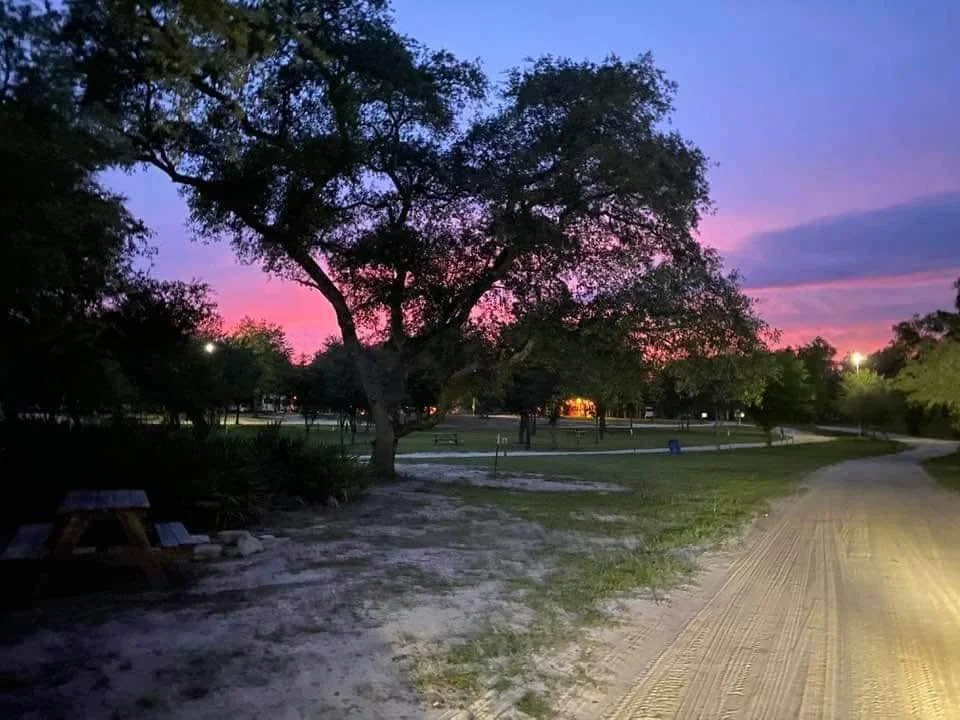 A park scene at dusk with a large tree, gravel walking path, benches, and a colorful sunset sky with pink and purple hues.