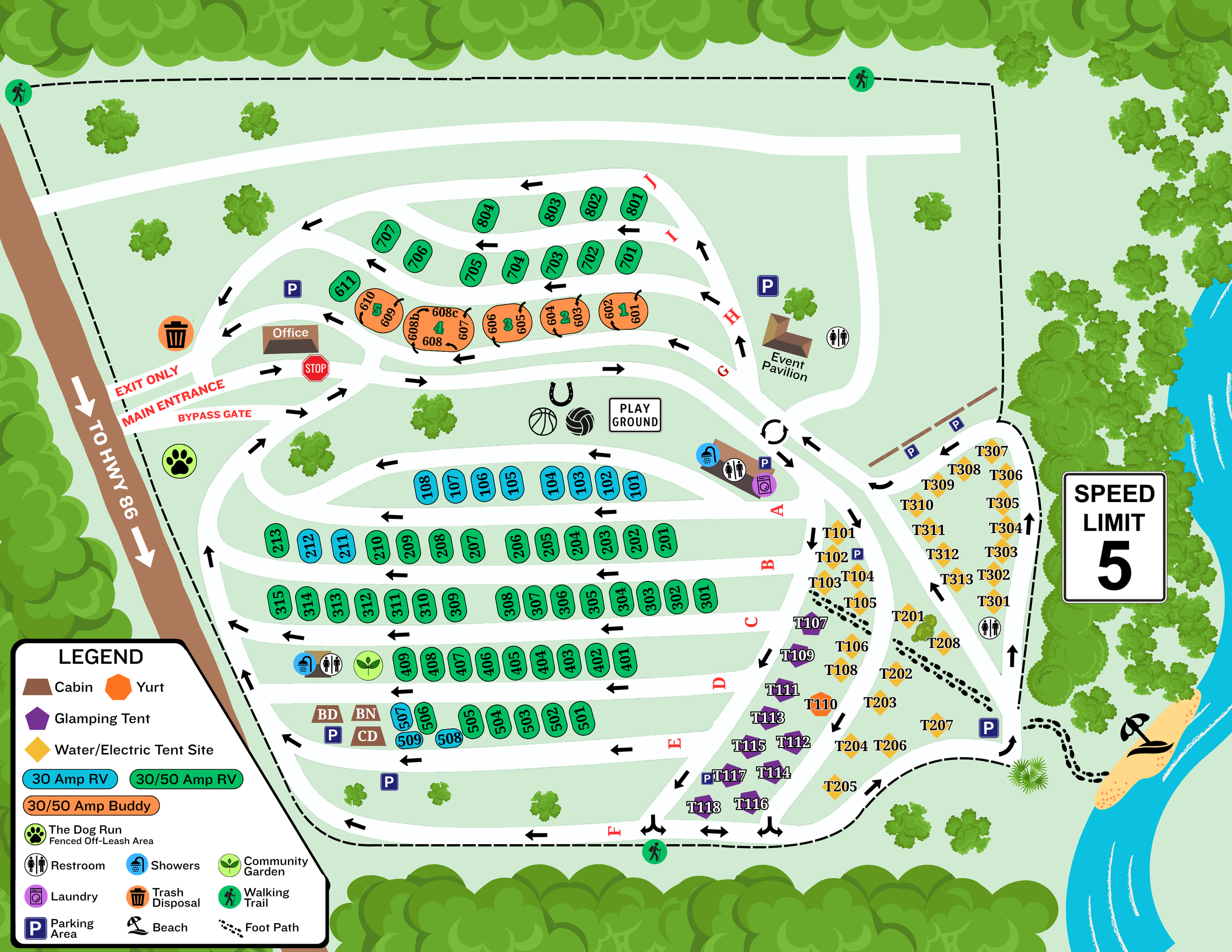 Map of a campground showing various named areas, parking spaces, walking trail, river, and amenities like restrooms, showers, laundry, trash disposal, paddleboarding, and beach. Campsites are numbered and color-coded based on electrical service.