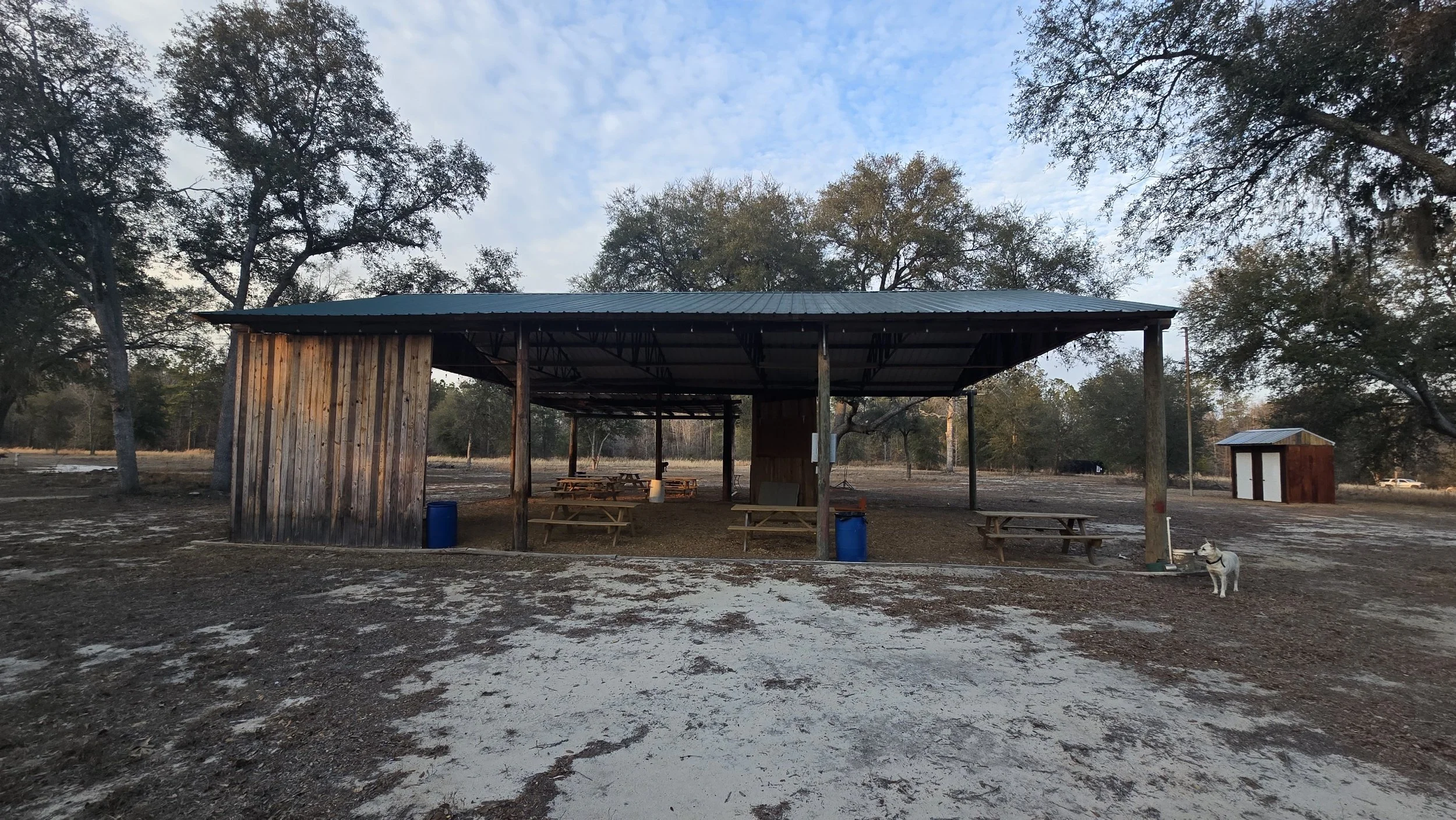 The event pavilion front view with the bathrooms in the back right 