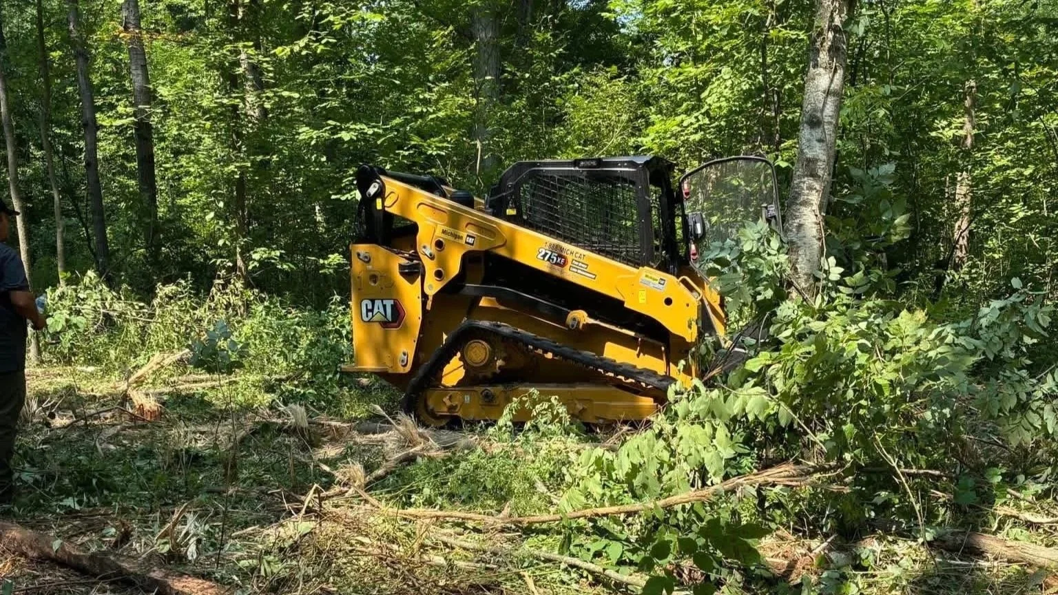 A yellow CAT compact track loader working in a forest clearing, surrounded by trees and green foliage.