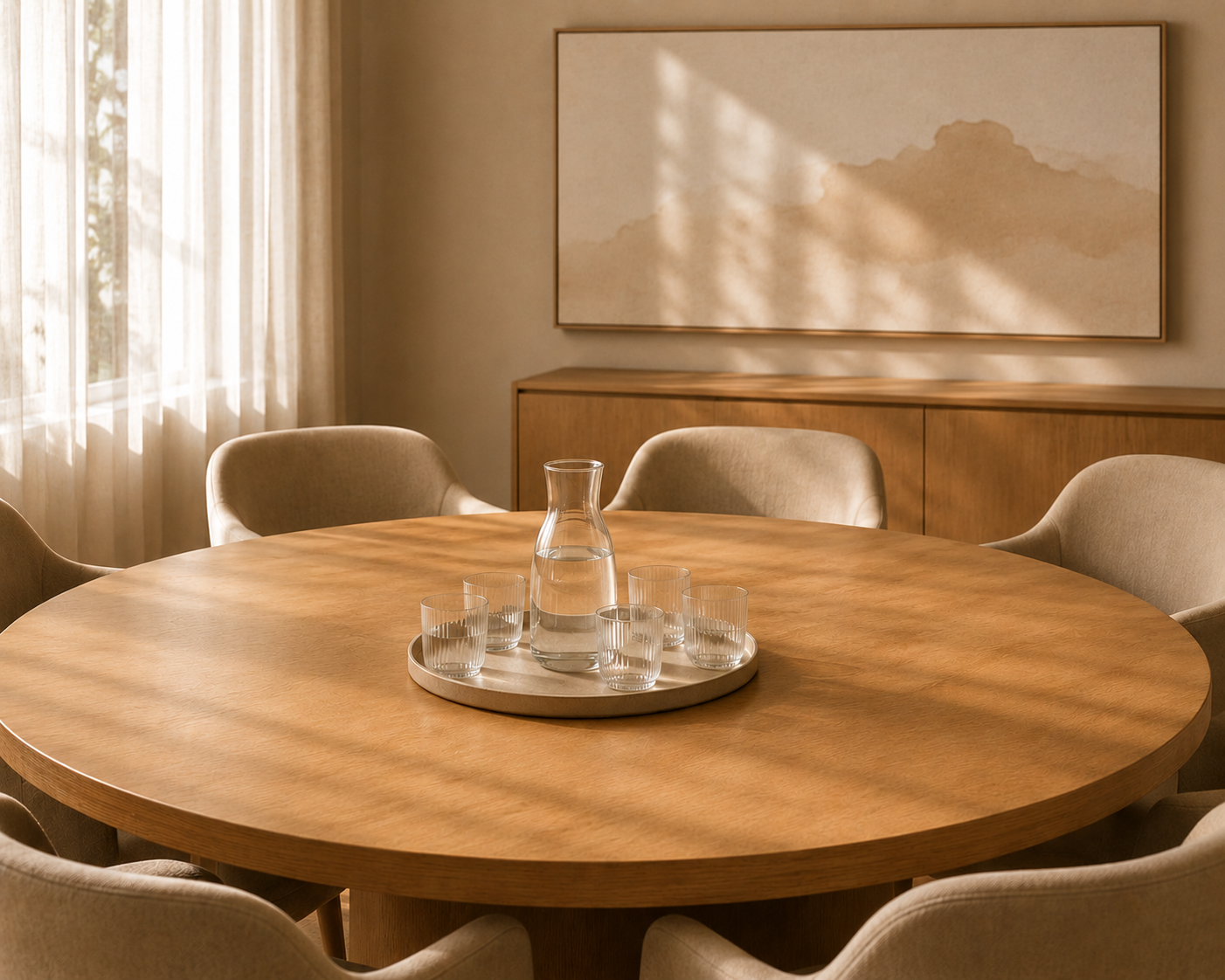A round wooden dining table with six beige upholstered chairs, a tray with a glass pitcher of water and six glasses, in a room with sunlight filtering through sheer curtains and a large abstract painting on the wall.