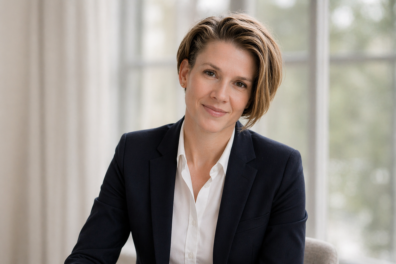 Professional woman with short brown hair, wearing a dark blazer and white shirt, sitting indoors near large windows with blurred greenery outside.