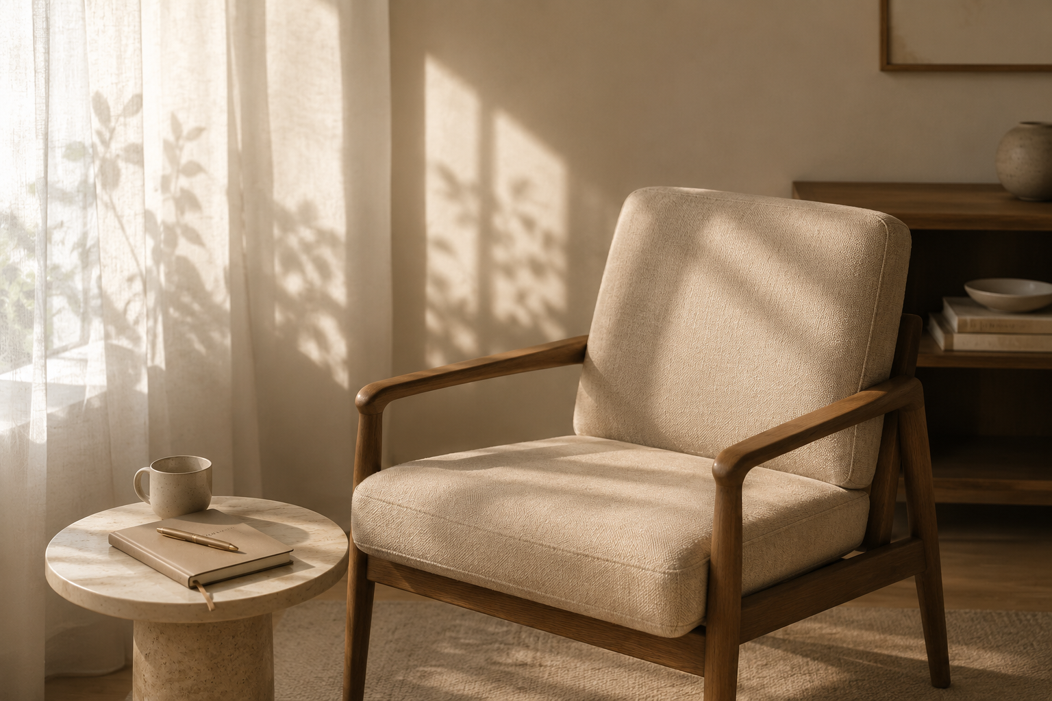 A cozy living space with sunlight streaming through sheer curtains onto a beige armchair with wooden armrests, next to a round side table holding a beige mug, a closed notebook, and a gold pen. A wooden bookshelf with books and a bowl is in the background.