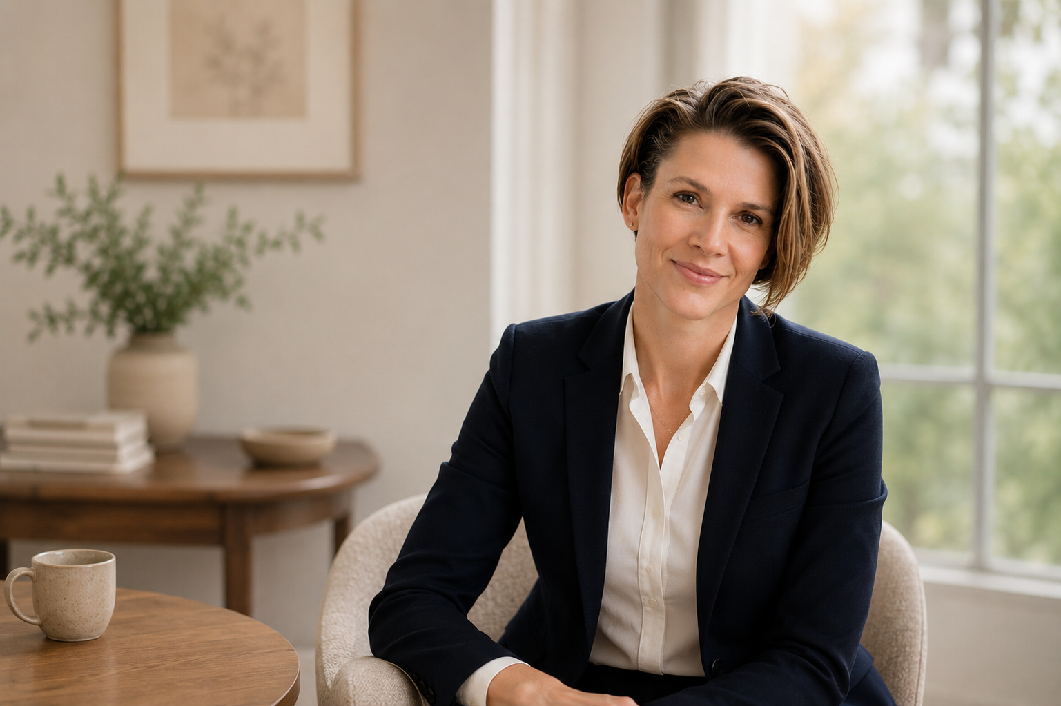 A woman with short brown hair wearing a white shirt and navy blazer sitting at a wooden table in a well-lit room with greenery outside the window.