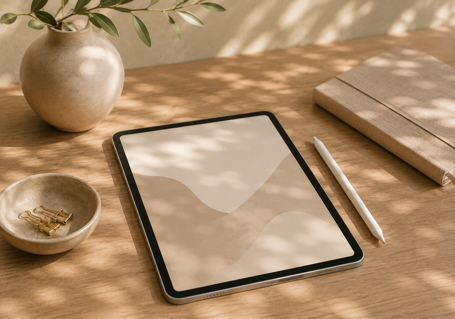 A tablet with a beige abstract background on a wooden desk, alongside a white stylus, a beige notebook, a small beige bowl with gold paper clips, a beige vase with green plant leaves, and dappled sunlight creating shadows.