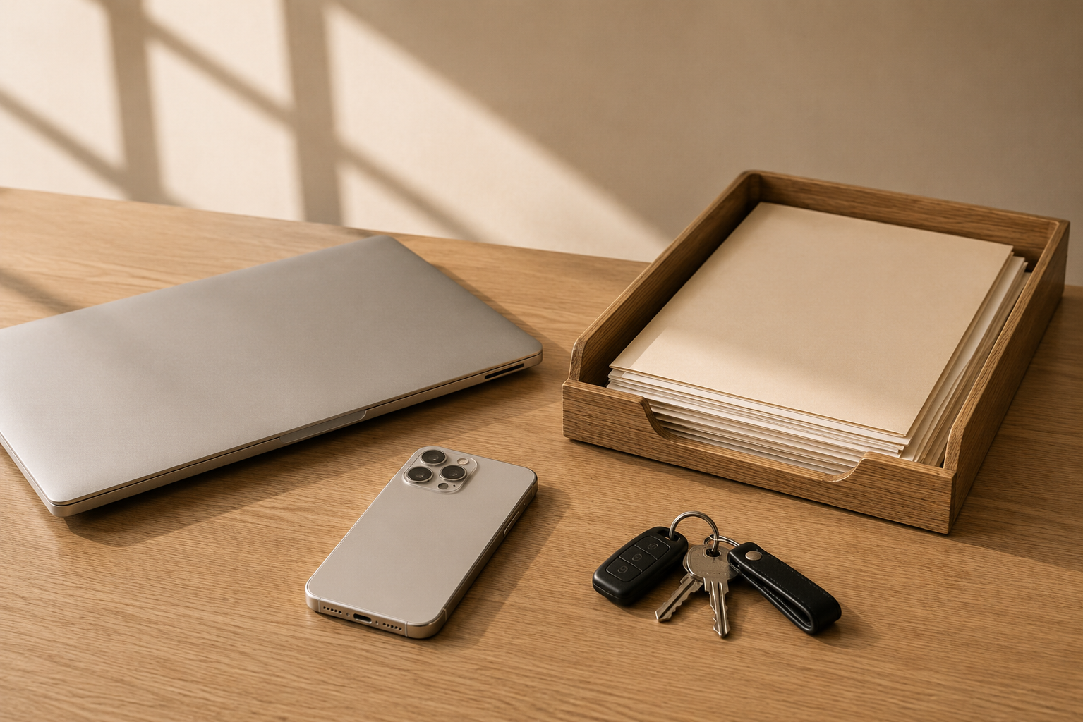 Wooden desk with closed silver laptop, smartphone, car keys, and a wooden tray filled with paper folders.