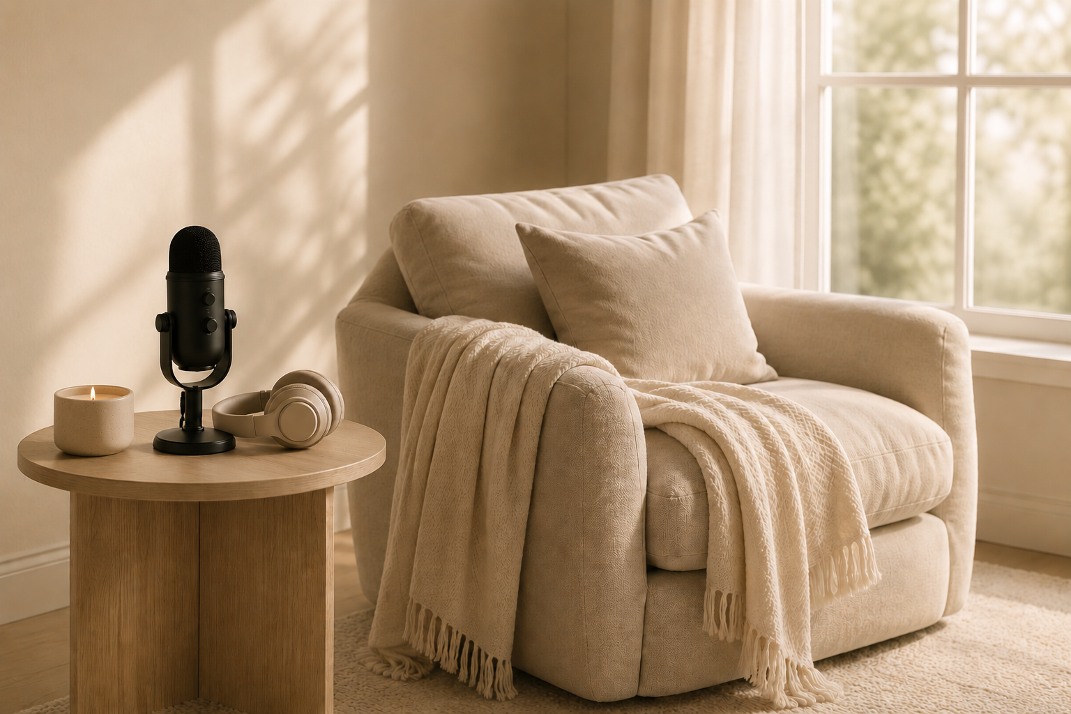 A cozy living room corner with a beige armchair draped with a blanket and pillows, a wooden side table with a black microphone, headphones, and a candle, near a window with light curtains and natural sunlight.