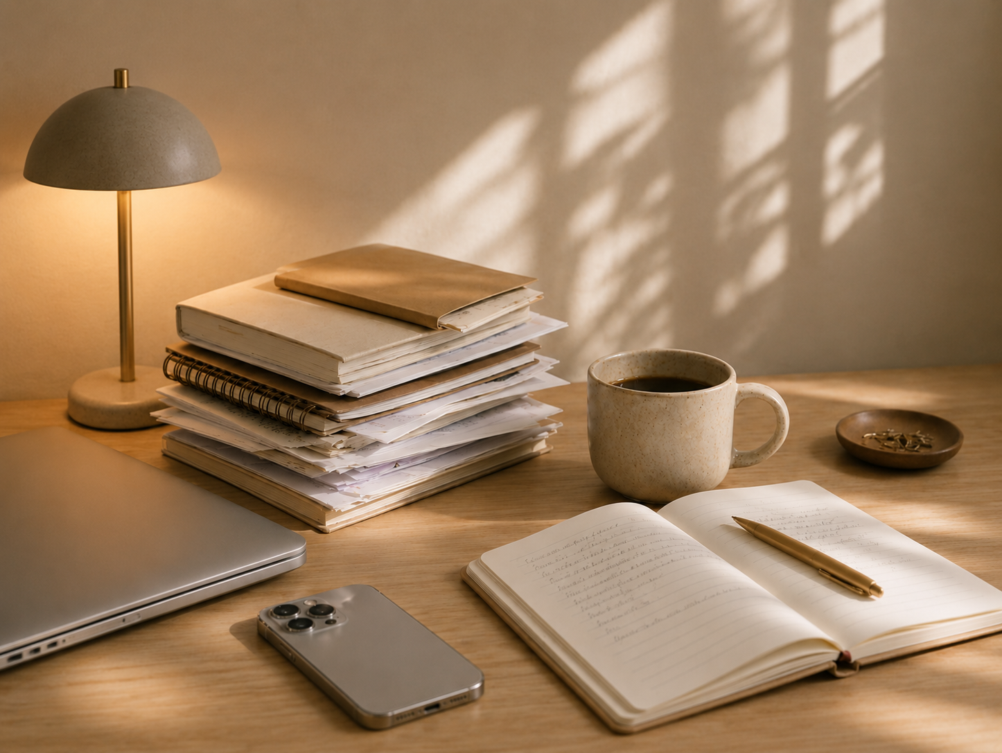 A desk scene with a lamp, a tall stack of papers and notebooks, a laptop, a smartphone, an open notebook with a pen, a coffee mug, and a small dish, with sunlight casting shadows on the wall.
