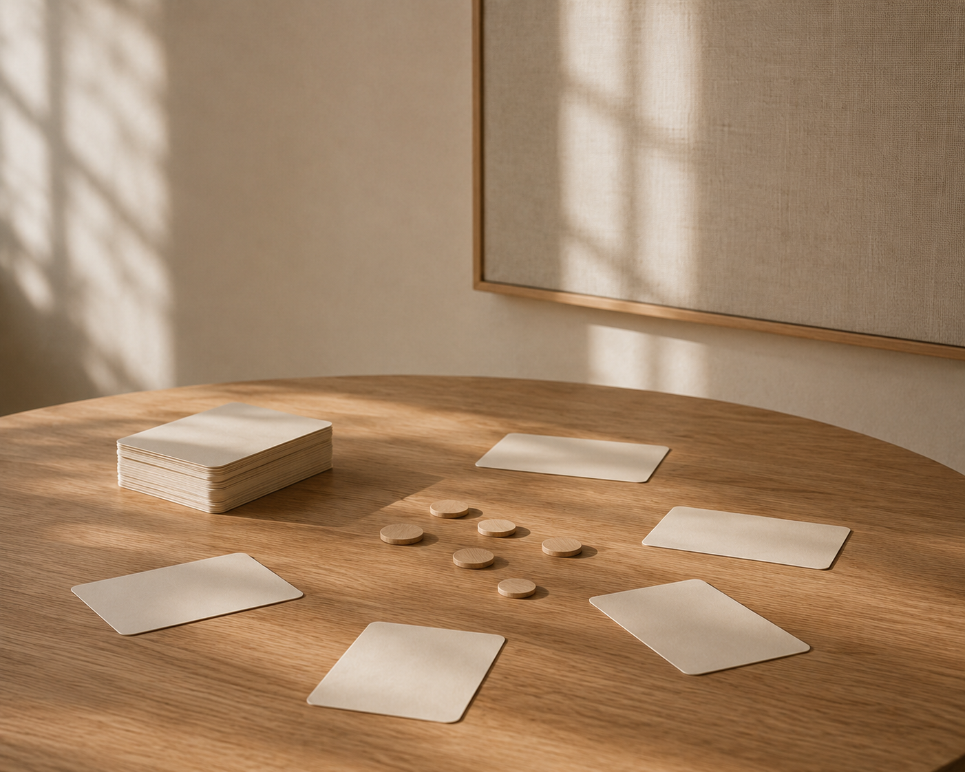 A wooden table with a stack of blank cards, six round tokens, and four blank rectangular cards, in a softly lit room with beige walls and a textured panel.