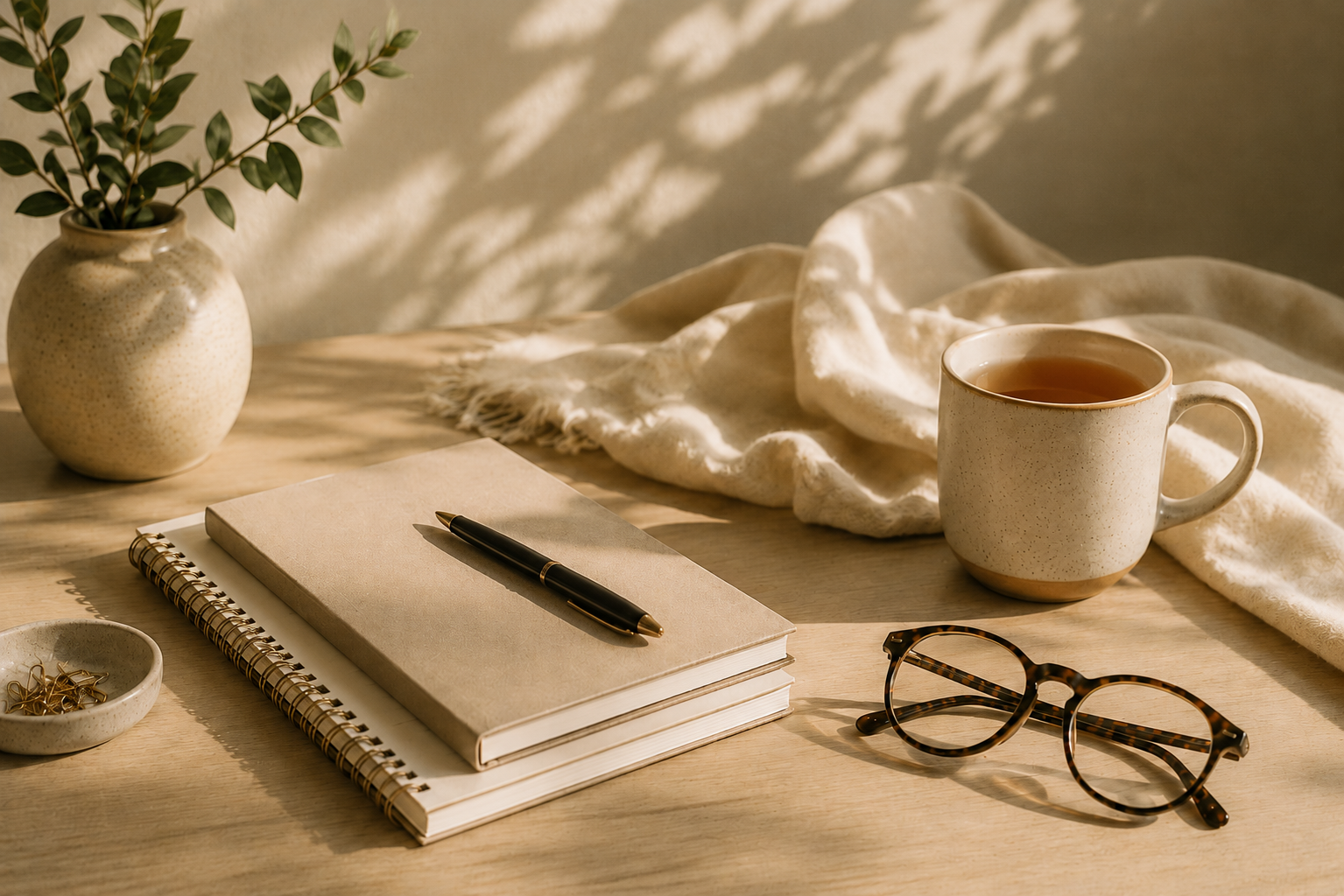 A desk setup with a potted plant, a cup of tea, a notebook with a pen, a pair of glasses, and a small dish of paper clips, all illuminated by warm sunlight.