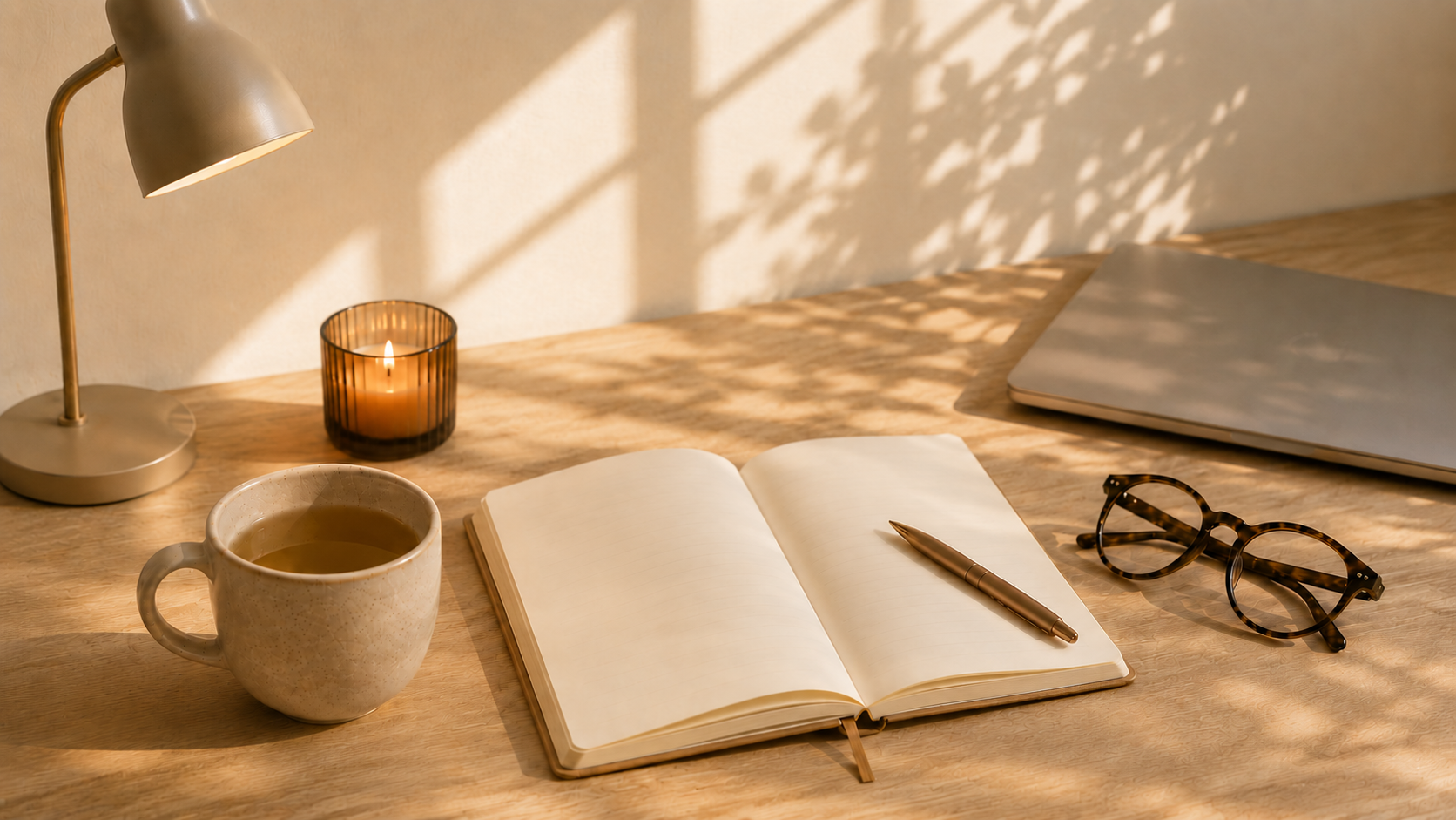 A wooden desk with a laptop, an open notebook with a pen, a pair of tortoiseshell glasses, a mug of tea, a lit candle in a glass holder, and a desk lamp casting warm light and shadows.