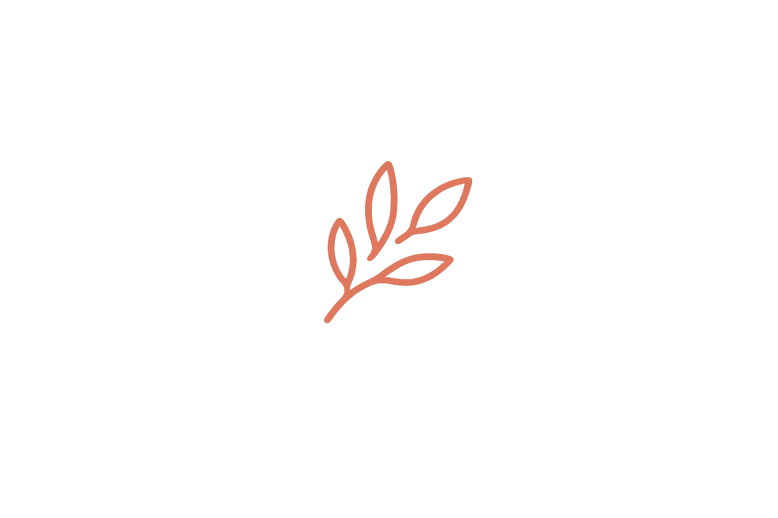 Minimalist line drawing of a small branch with five leaves in a dusty pink color, centered on a black background.