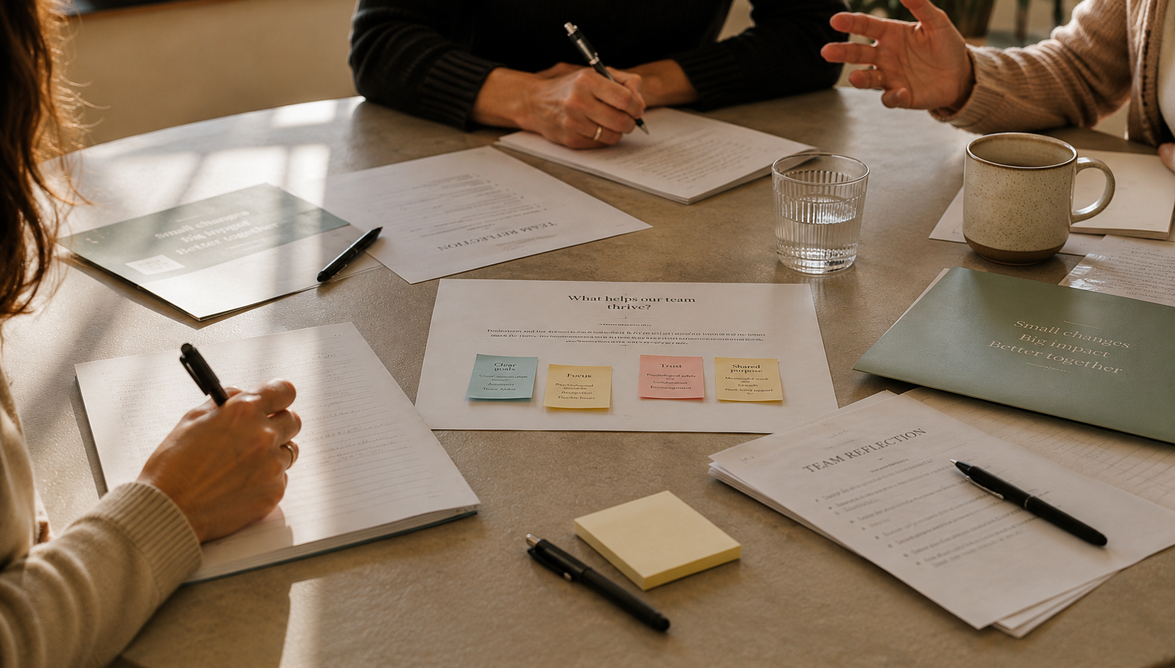 People participating in a team meeting, with documents, sticky notes, pens, a glass of water, and a mug on the table.