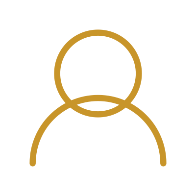 Minimalist outline drawing of a person's head and shoulders with a circular shape above it, all in gold color on a black background.